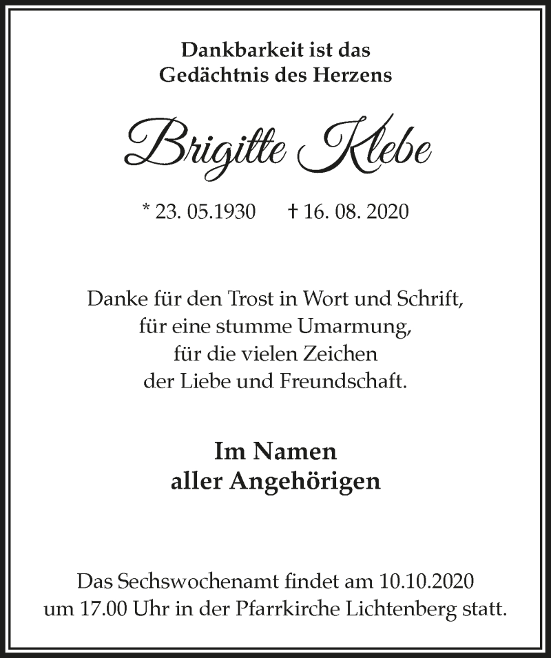  Traueranzeige für Brigitte Klebe vom 01.10.2020 aus  Lokalanzeiger 