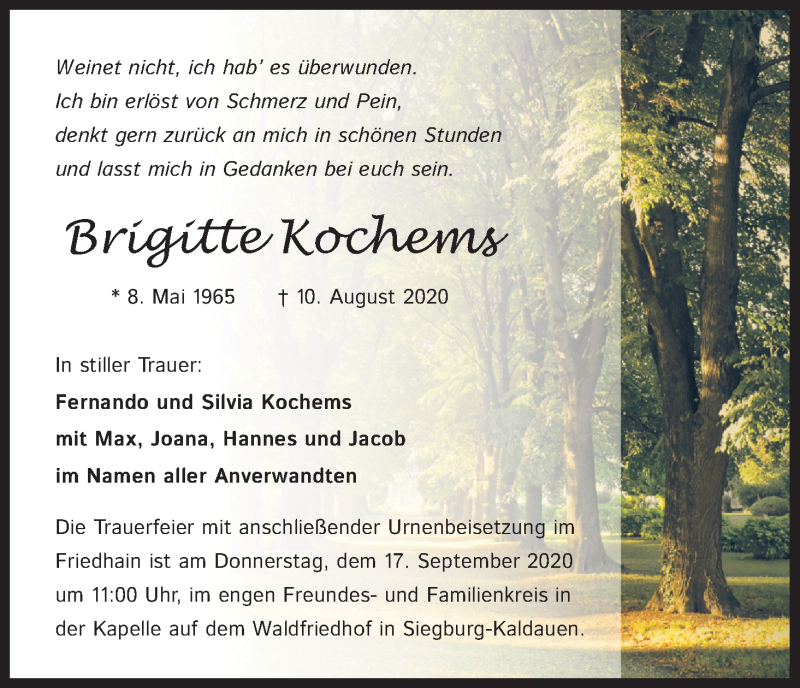  Traueranzeige für Brigitte Kochems vom 12.09.2020 aus Kölner Stadt-Anzeiger / Kölnische Rundschau / Express