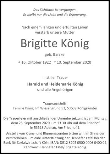 Anzeige von Brigitte König von Kölner Stadt-Anzeiger / Kölnische Rundschau / Express