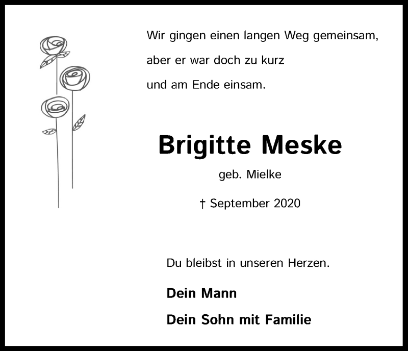  Traueranzeige für Brigitte Meske vom 26.09.2020 aus Kölner Stadt-Anzeiger / Kölnische Rundschau / Express