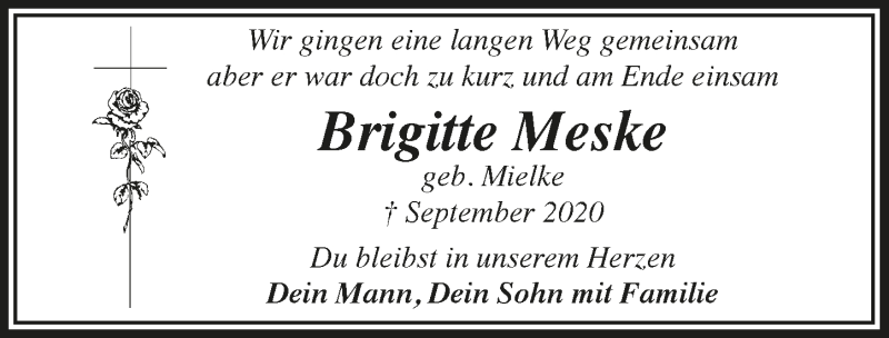  Traueranzeige für Brigitte Meske vom 25.09.2020 aus  Lokale Informationen 