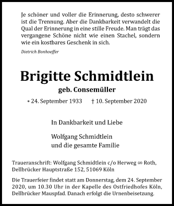 Anzeige von Brigitte Schmidtlein von Kölner Stadt-Anzeiger / Kölnische Rundschau / Express