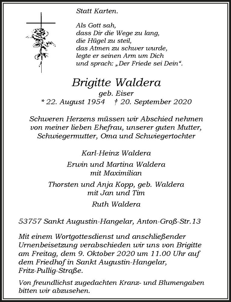  Traueranzeige für Brigitte Waldera vom 01.10.2020 aus  Extra Blatt 