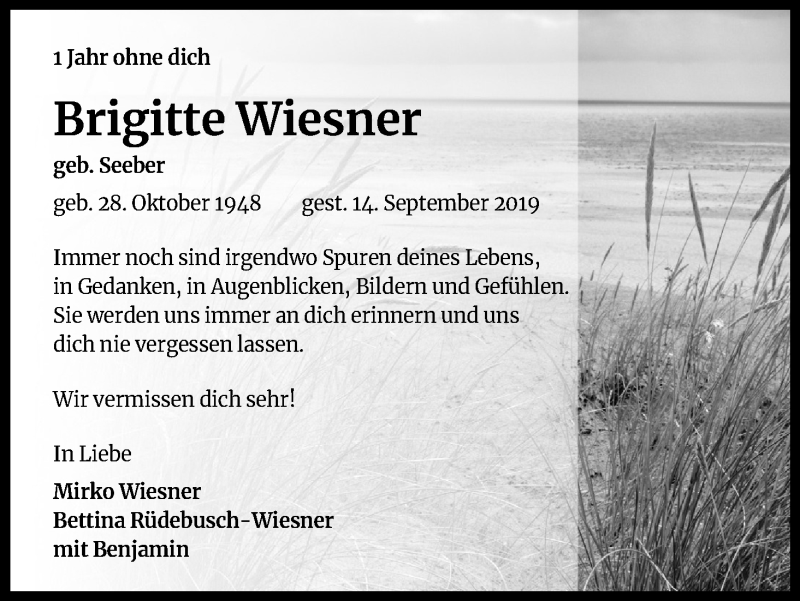  Traueranzeige für Brigitte Wiesner vom 14.09.2020 aus Kölner Stadt-Anzeiger / Kölnische Rundschau / Express