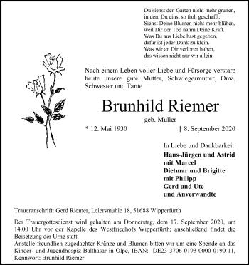 Anzeige von Brunhild Riemer von Kölner Stadt-Anzeiger / Kölnische Rundschau / Express