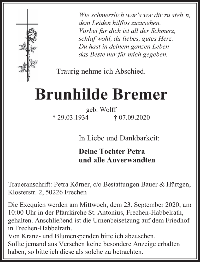  Traueranzeige für Brunhilde Bremer vom 18.09.2020 aus  Wochenende 