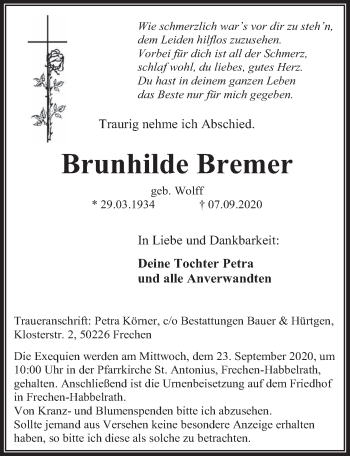 Anzeige von Brunhilde Bremer von  Wochenende 