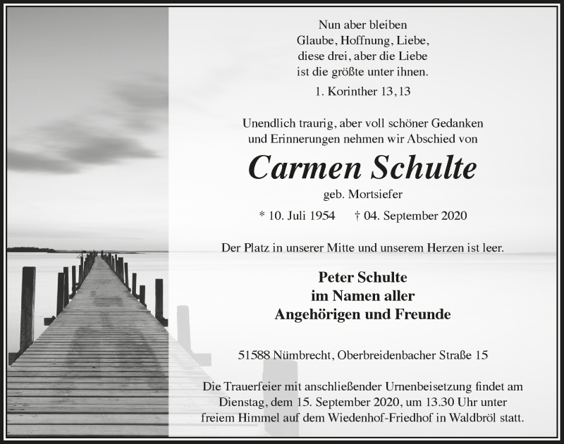  Traueranzeige für Carmen Schulte vom 11.09.2020 aus  Lokalanzeiger 