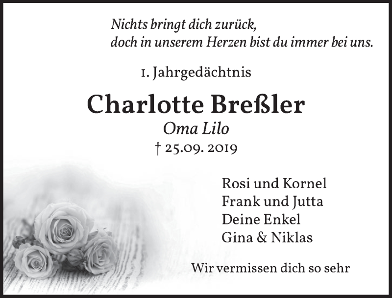  Traueranzeige für Charlotte Breßler vom 25.09.2020 aus  Werbepost 