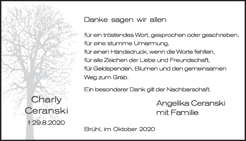 Traueranzeige für Charly Ceranski vom 01.10.2020 aus  Schlossbote/Werbekurier 
