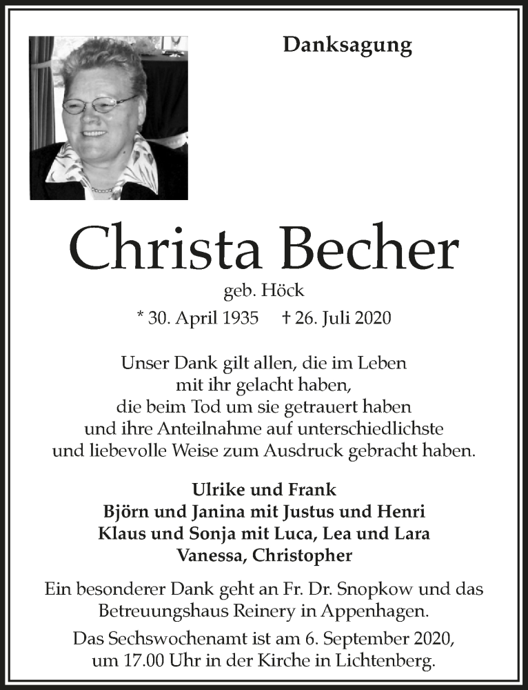  Traueranzeige für Christa Becher vom 04.09.2020 aus  Lokalanzeiger 