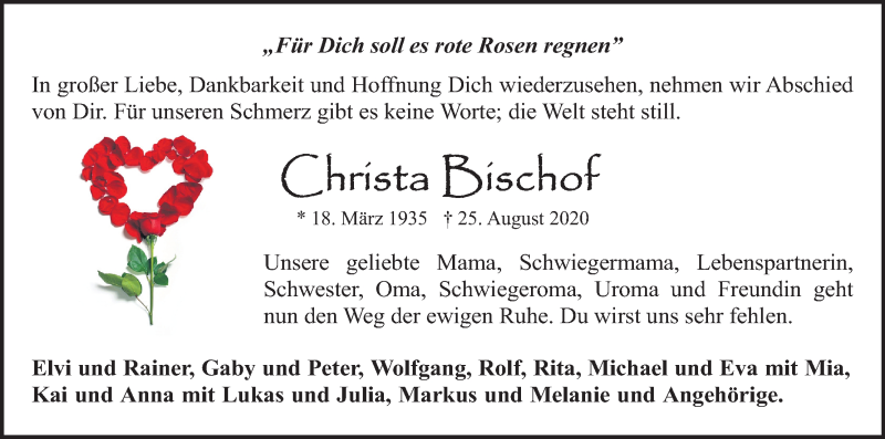  Traueranzeige für Christa Bischof vom 05.09.2020 aus Kölner Stadt-Anzeiger / Kölnische Rundschau / Express