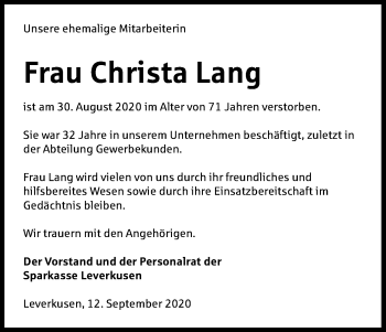 Anzeige von Christa Lang von Kölner Stadt-Anzeiger / Kölnische Rundschau / Express