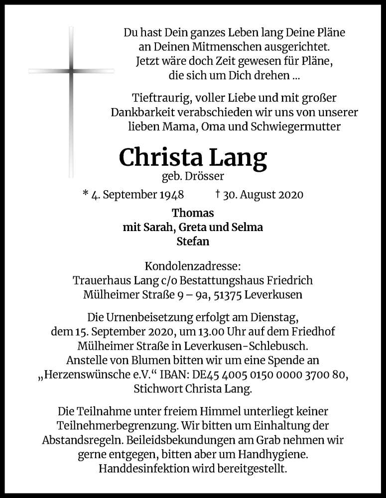  Traueranzeige für Christa Lang vom 12.09.2020 aus Kölner Stadt-Anzeiger / Kölnische Rundschau / Express