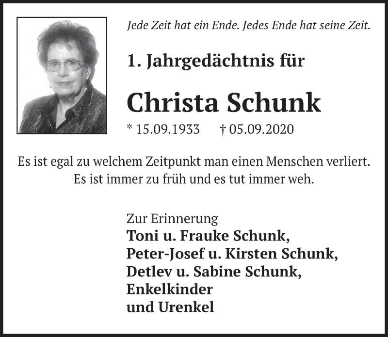  Traueranzeige für Christa Schunk vom 04.09.2020 aus  Schlossbote/Werbekurier 