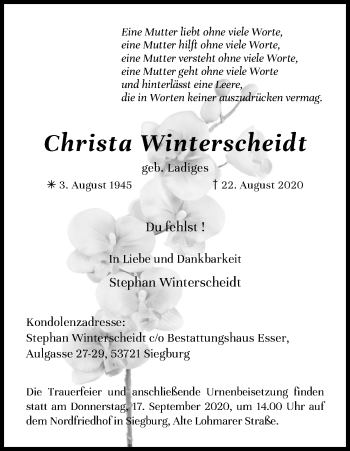 Anzeige von Christa Winterscheidt von Kölner Stadt-Anzeiger / Kölnische Rundschau / Express