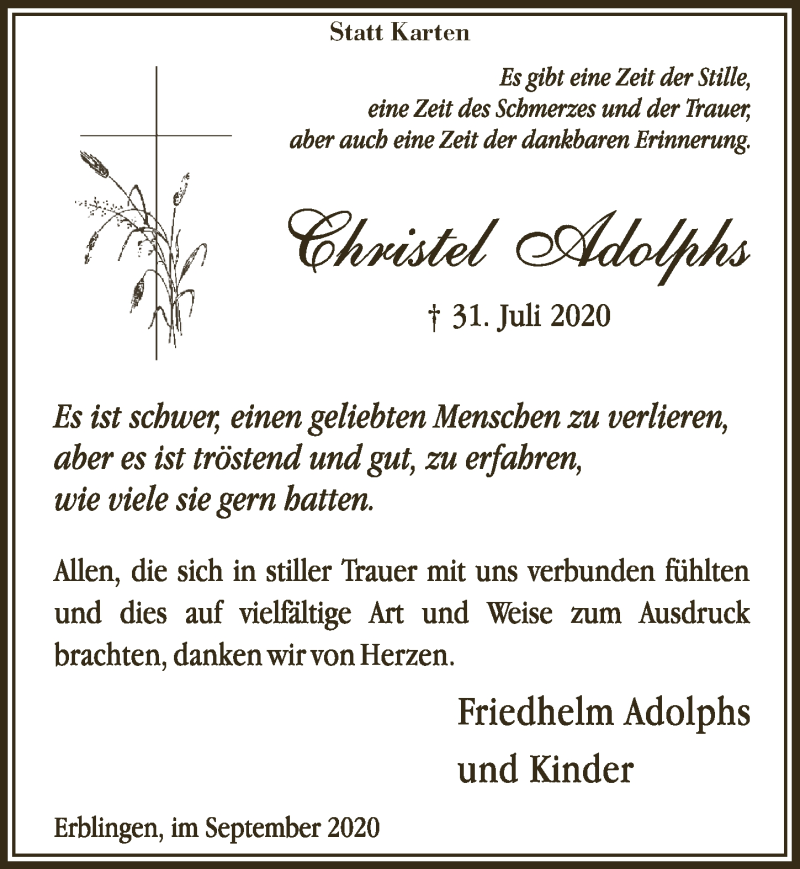 Traueranzeige für Christel Adolphs vom 11.09.2020 aus  Lokalanzeiger 