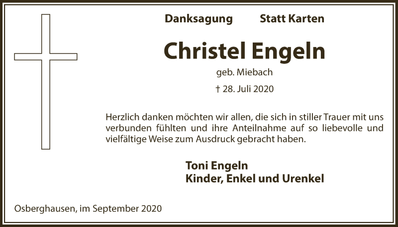  Traueranzeige für Christel Engeln vom 04.09.2020 aus  Anzeigen Echo 