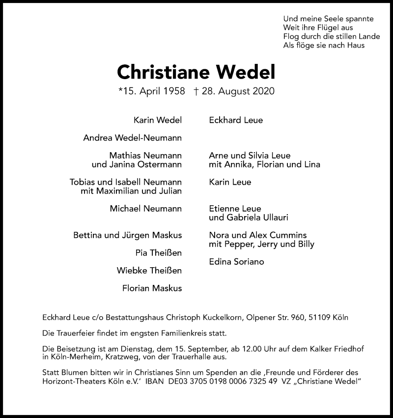  Traueranzeige für Christiane Wedel vom 12.09.2020 aus Kölner Stadt-Anzeiger / Kölnische Rundschau / Express