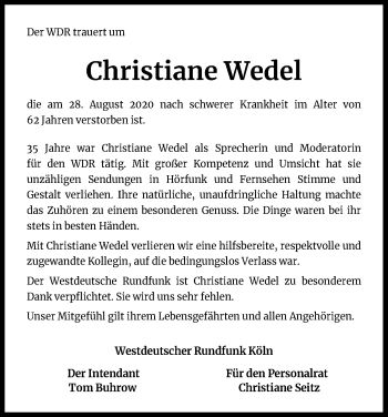 Anzeige von Christiane Wedel von Kölner Stadt-Anzeiger / Kölnische Rundschau / Express