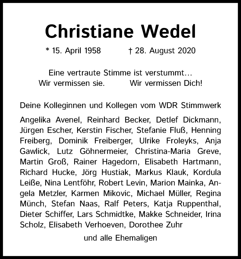  Traueranzeige für Christiane Wedel vom 12.09.2020 aus Kölner Stadt-Anzeiger / Kölnische Rundschau / Express
