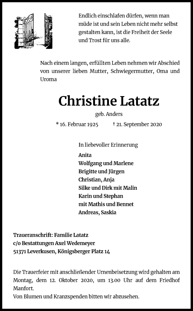  Traueranzeige für Christine Latatz vom 26.09.2020 aus Kölner Stadt-Anzeiger / Kölnische Rundschau / Express