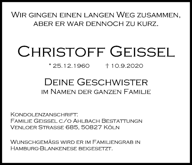  Traueranzeige für Christoff Geissel vom 16.09.2020 aus Kölner Stadt-Anzeiger / Kölnische Rundschau / Express