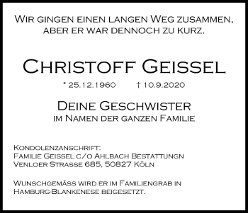 Anzeige von Christoff Geissel von Kölner Stadt-Anzeiger / Kölnische Rundschau / Express