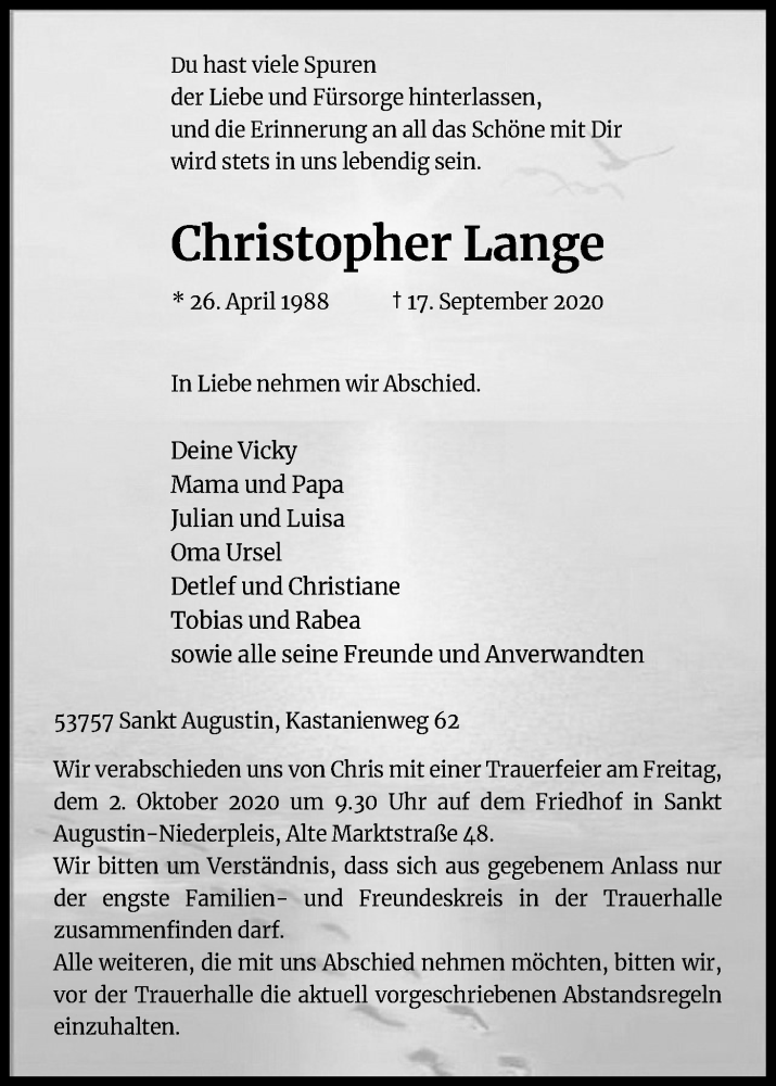  Traueranzeige für Christopher Lange vom 26.09.2020 aus Kölner Stadt-Anzeiger / Kölnische Rundschau / Express