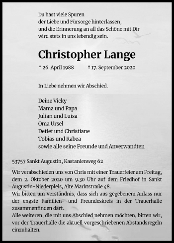 Anzeige von Christopher Lange von Kölner Stadt-Anzeiger / Kölnische Rundschau / Express