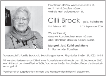 Anzeige von Cilli Brock von  Schlossbote/Werbekurier 
