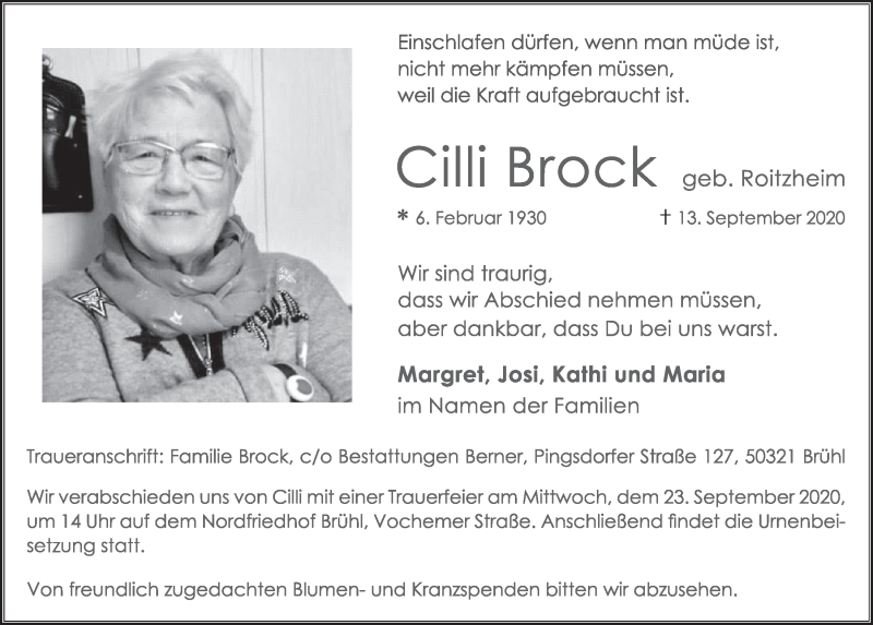  Traueranzeige für Cilli Brock vom 18.09.2020 aus  Schlossbote/Werbekurier 