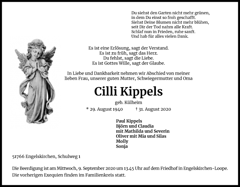  Traueranzeige für Cilli Kippels vom 05.09.2020 aus Kölner Stadt-Anzeiger / Kölnische Rundschau / Express