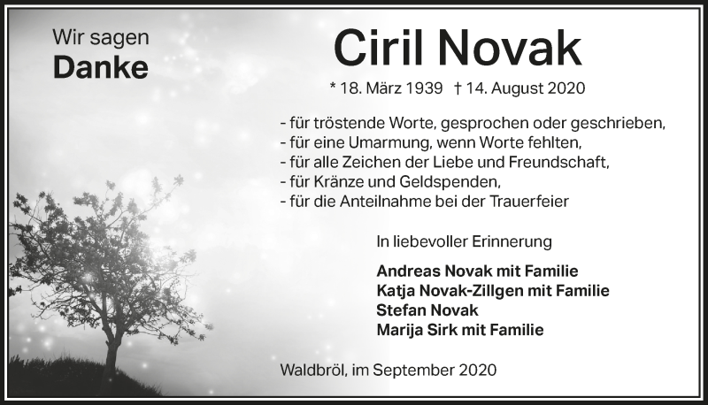  Traueranzeige für Ciril Novak vom 25.09.2020 aus  Lokalanzeiger 