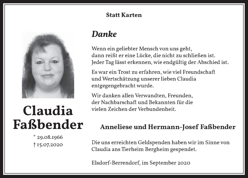  Traueranzeige für Claudia Faßbender vom 04.09.2020 aus  Werbepost 