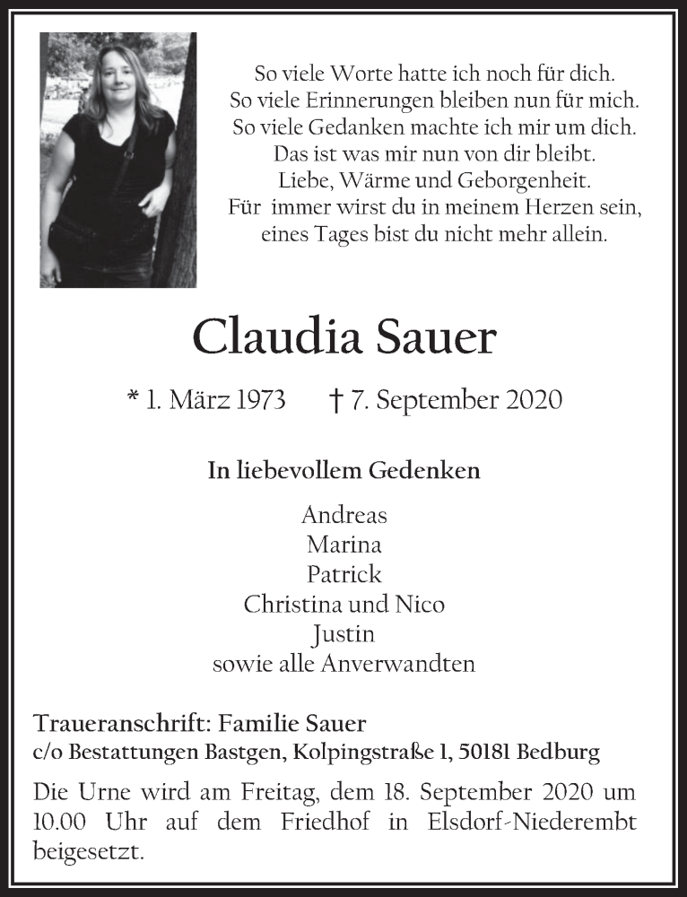  Traueranzeige für Claudia Sauer vom 11.09.2020 aus  Werbepost 
