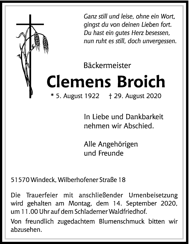  Traueranzeige für Clemens Broich vom 05.09.2020 aus Kölner Stadt-Anzeiger / Kölnische Rundschau / Express