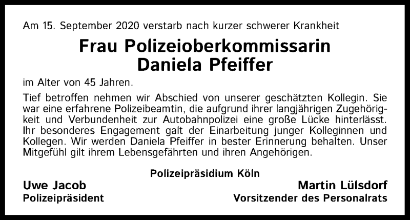  Traueranzeige für Daniela Pfeiffer vom 26.09.2020 aus Kölner Stadt-Anzeiger / Kölnische Rundschau / Express