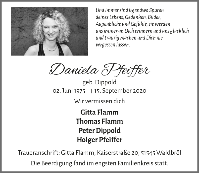  Traueranzeige für Daniela Pfeiffer vom 25.09.2020 aus  Lokalanzeiger 