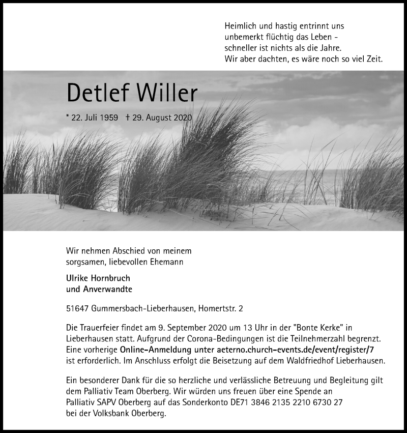  Traueranzeige für Detlef Willer vom 05.09.2020 aus Kölner Stadt-Anzeiger / Kölnische Rundschau / Express