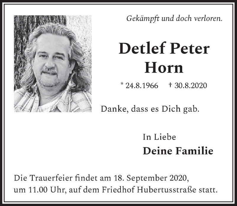  Traueranzeige für Detlef Peter Horn vom 11.09.2020 aus  Schlossbote/Werbekurier 