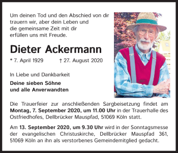 Anzeige von Dieter Ackermann von Kölner Stadt-Anzeiger / Kölnische Rundschau / Express