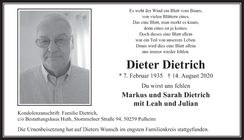 Traueranzeige für Dieter Dietrich vom 11.09.2020 aus  Wochenende 