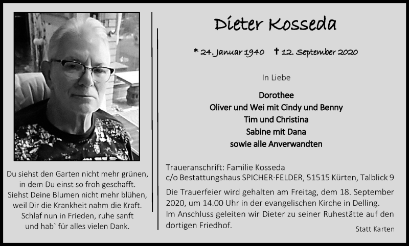  Traueranzeige für Dieter Kosseda vom 16.09.2020 aus Kölner Stadt-Anzeiger / Kölnische Rundschau / Express