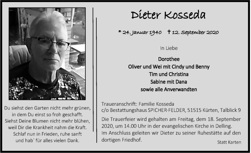  Traueranzeige für Dieter Kosseda vom 18.09.2020 aus  Bergisches Handelsblatt 