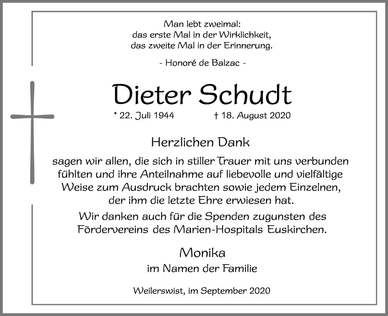  Traueranzeige für Dieter Schudt vom 26.09.2020 aus Kölner Stadt-Anzeiger / Kölnische Rundschau / Express