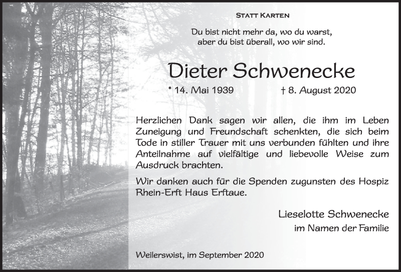  Traueranzeige für Dieter Schwenecke vom 19.09.2020 aus  Blickpunkt Euskirchen 