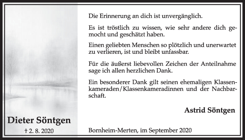  Traueranzeige für Dieter Söntgen vom 11.09.2020 aus  Schlossbote/Werbekurier 