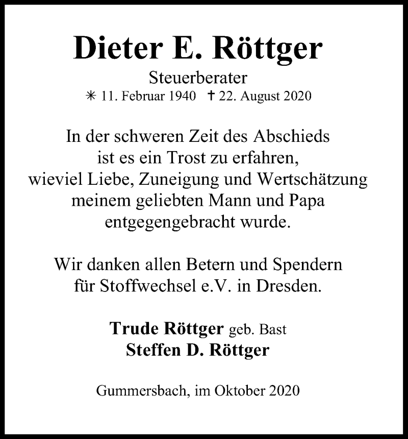  Traueranzeige für Dieter E. Röttger vom 30.09.2020 aus Kölner Stadt-Anzeiger / Kölnische Rundschau / Express