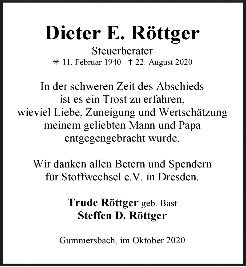  Traueranzeige für Dieter E. Röttger vom 01.10.2020 aus  Anzeigen Echo 